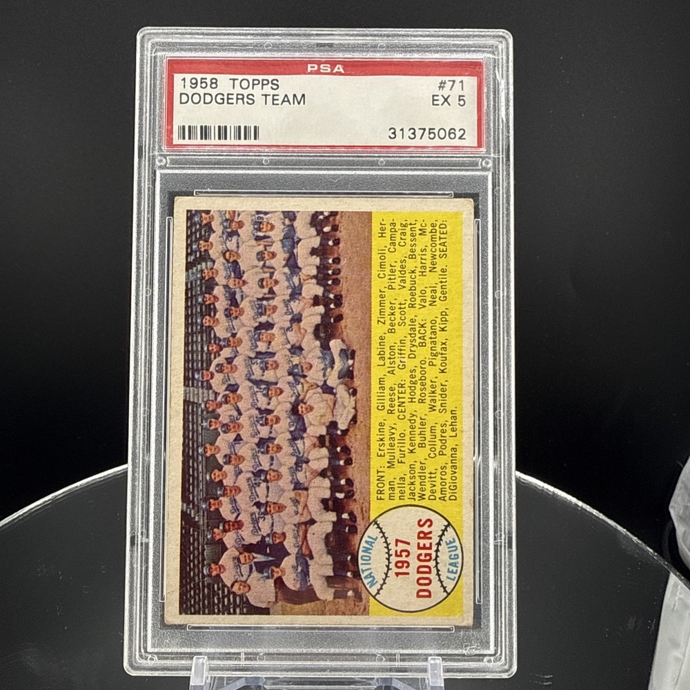 1958 Topps #71 Brooklyn Dodgers Team Card - Hodges, Drysdale, Newcombe PSA 6 MK